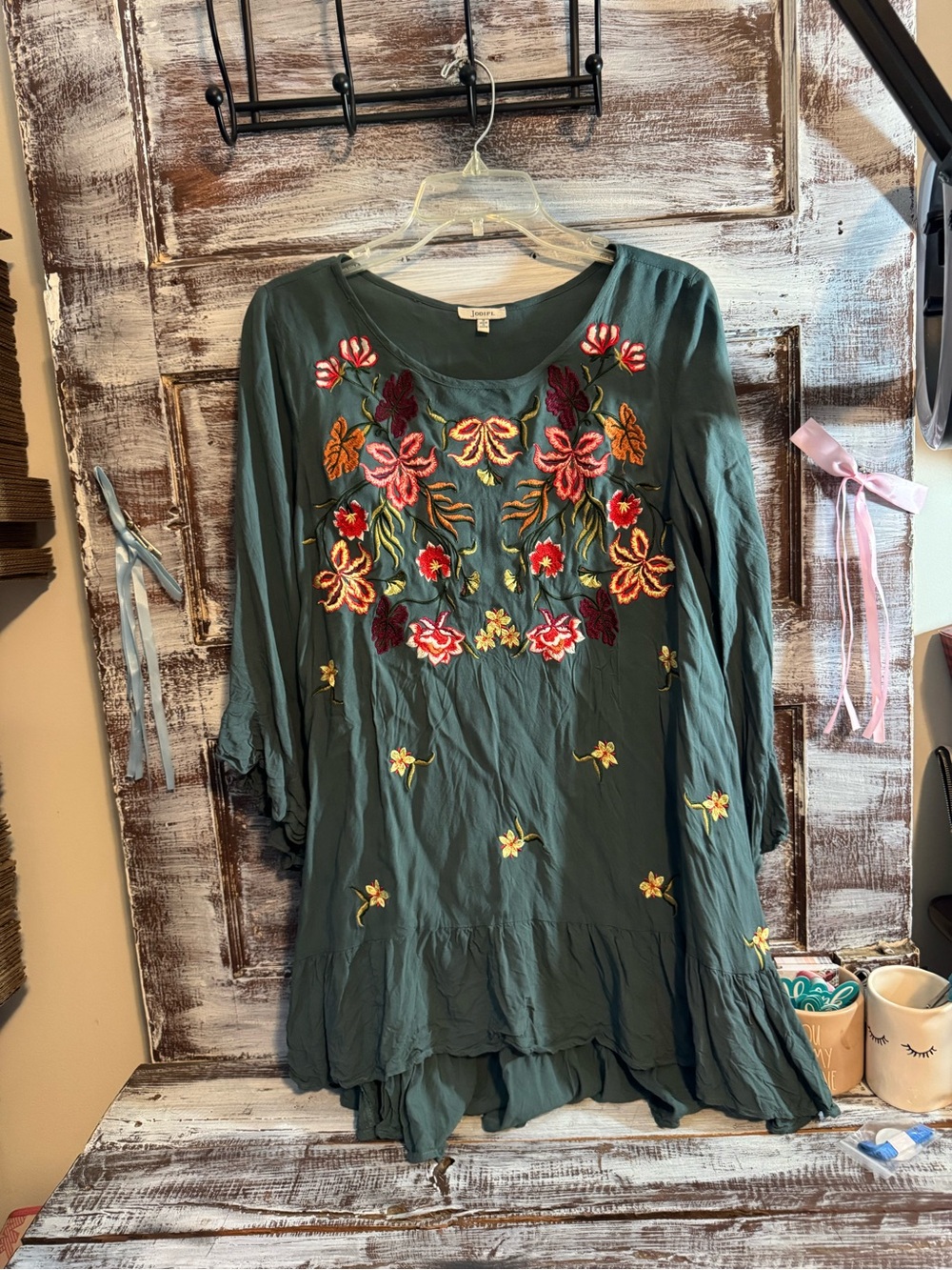 JODIFL Teal Green Embroidered Floral Tunic